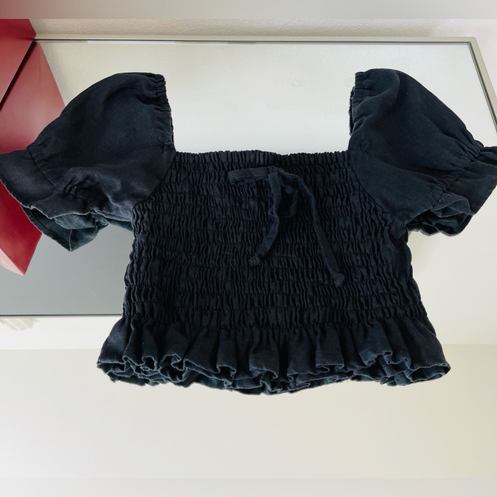 Faithfull The Brand Black Linen Crop Top. XS
